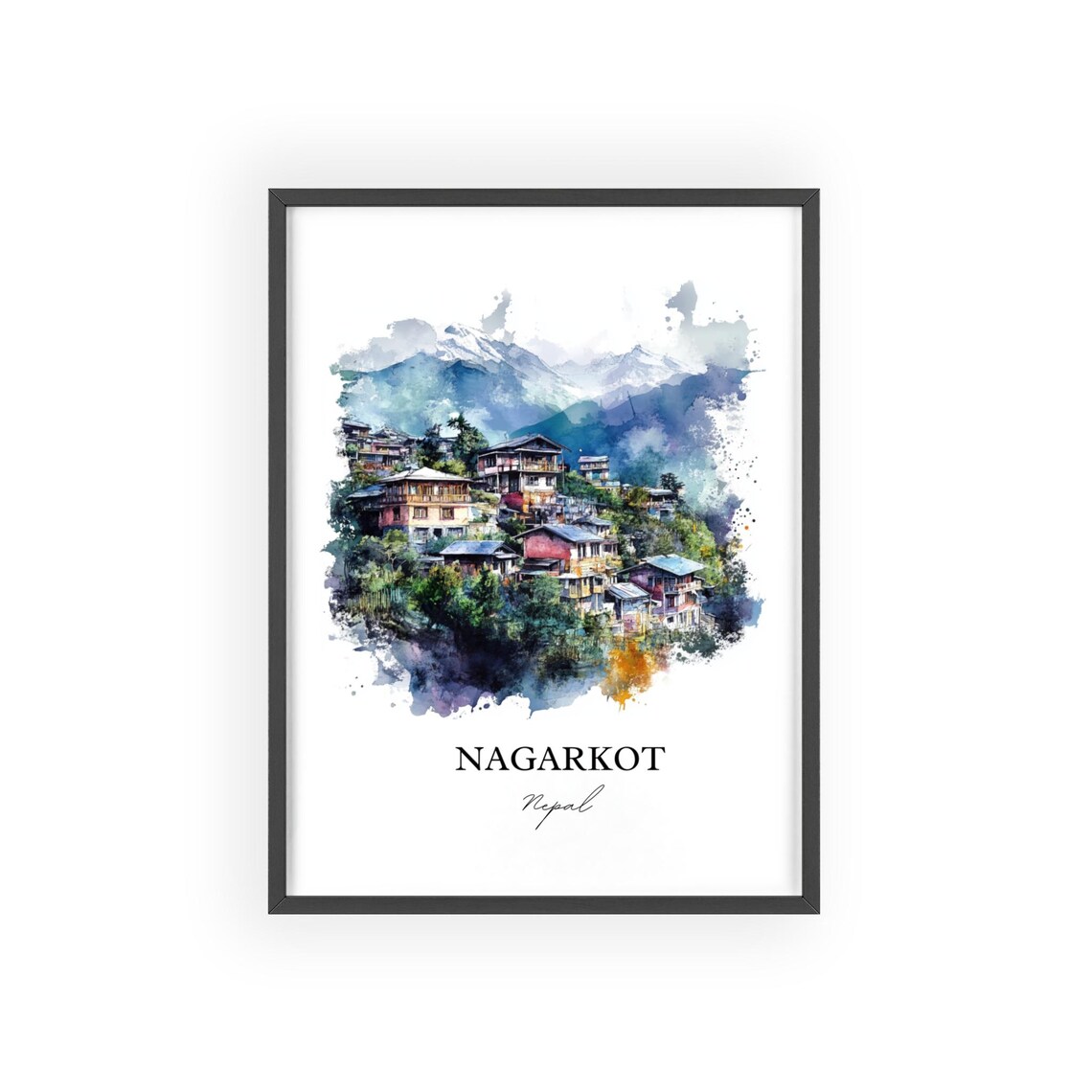 Nagarkot Nepal Watercolor Hill Village Snow Peaks Travel Poster - Image 2