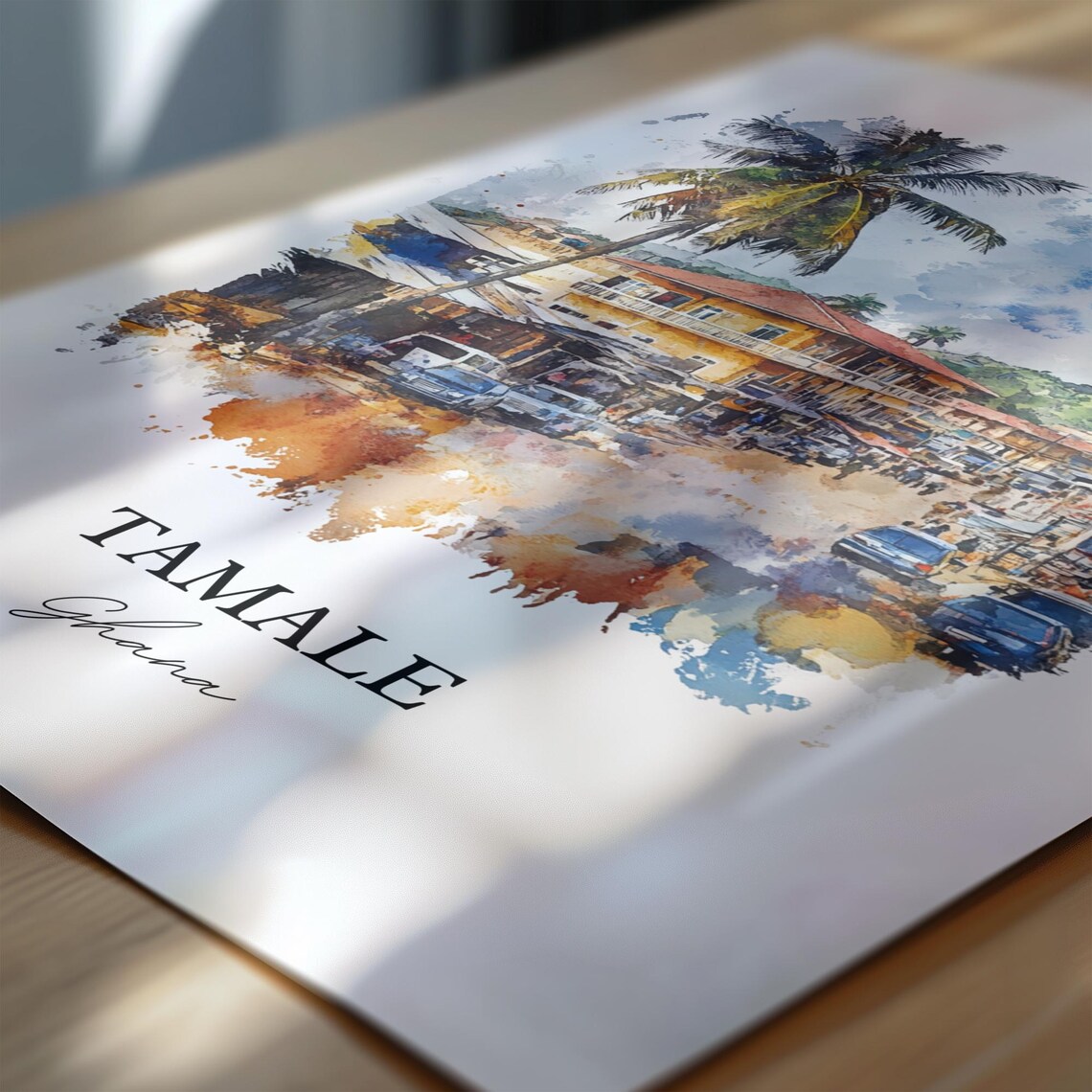 Tamale Ghana African Watercolor Busy Street Palm Scene Poster - Image 7