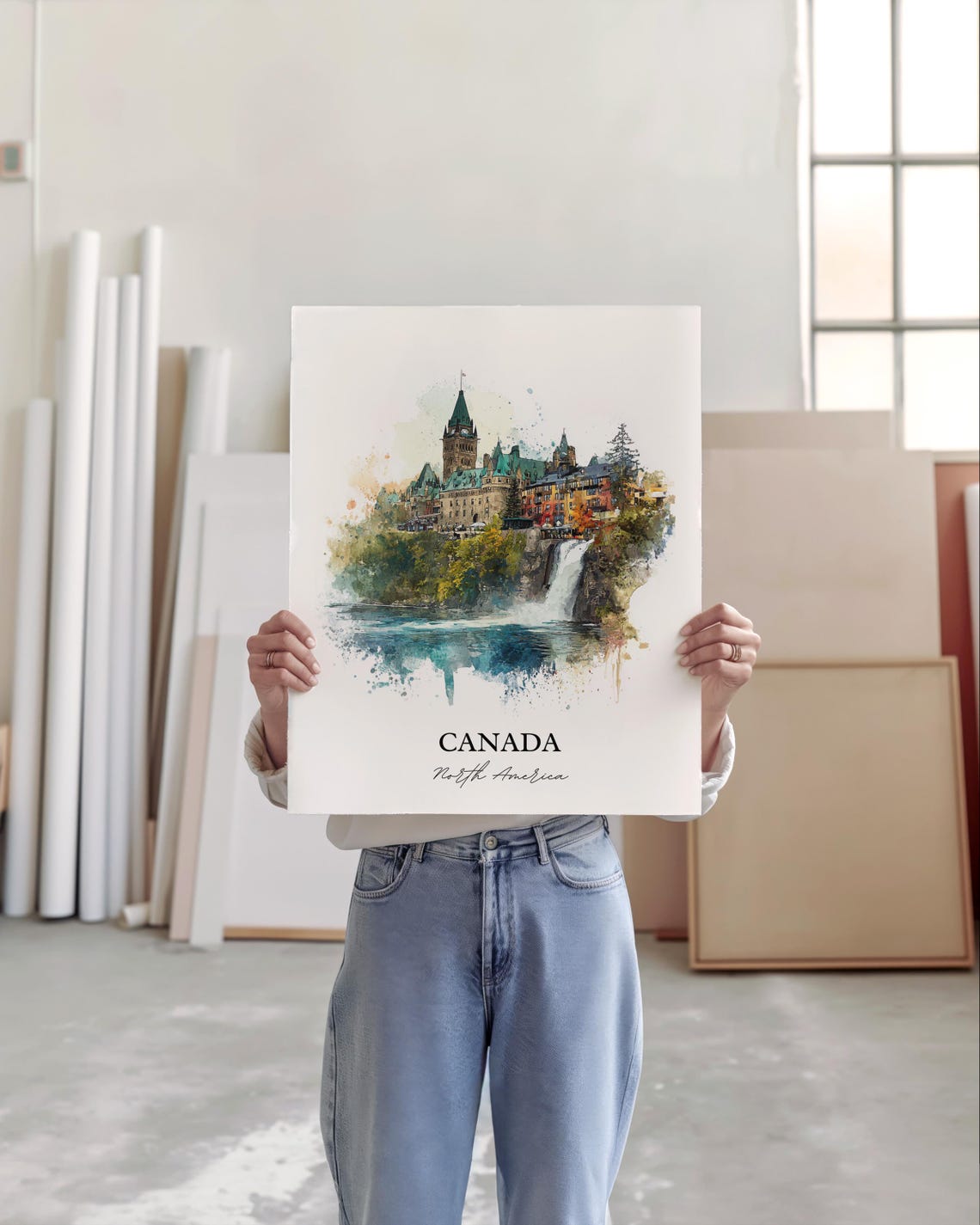 Canada Chateau Waterfall Scenic Watercolor Landmark Art Poster - Image 3