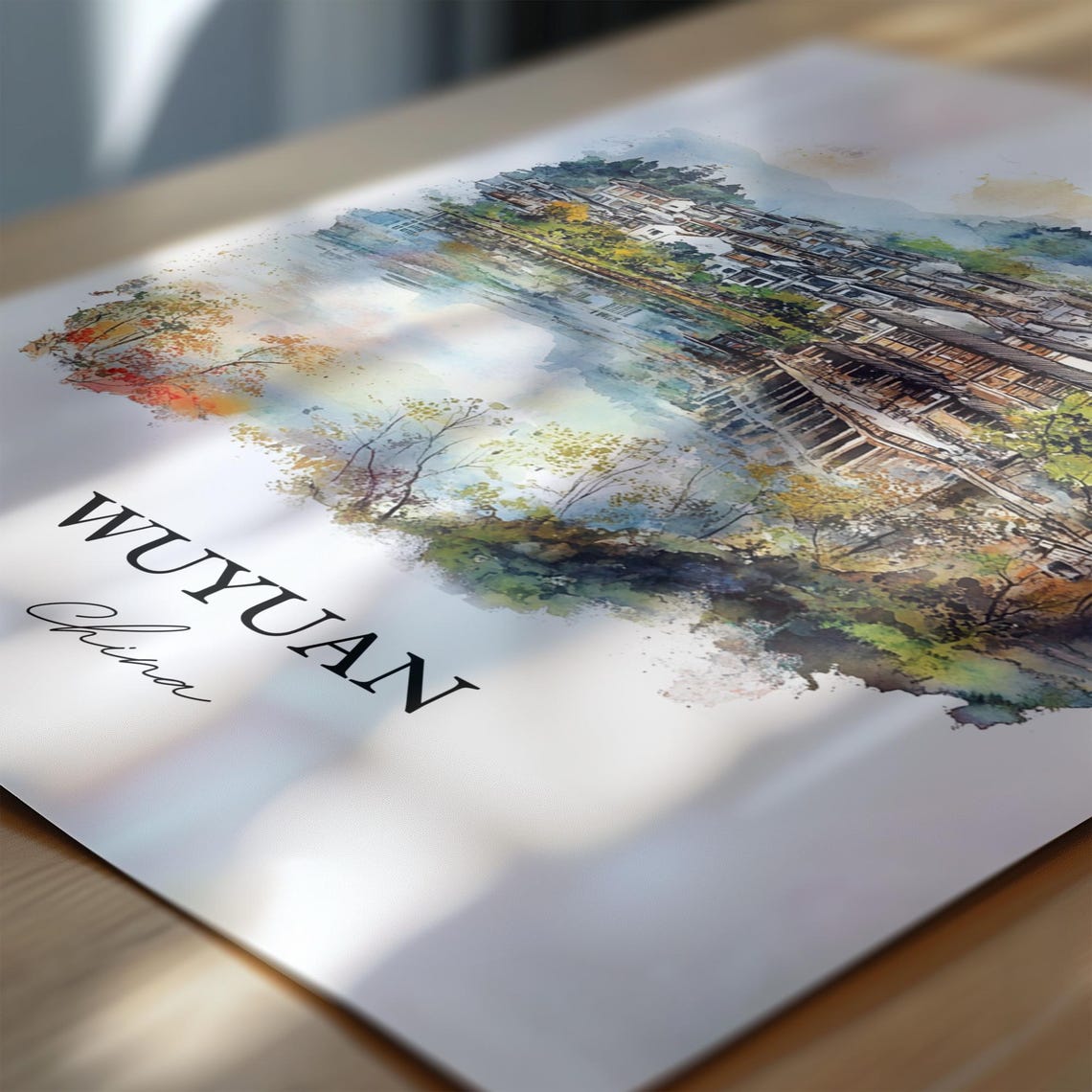Wuyuan China Watercolor Ancient Water Town Lake Reflection Poster - Image 6