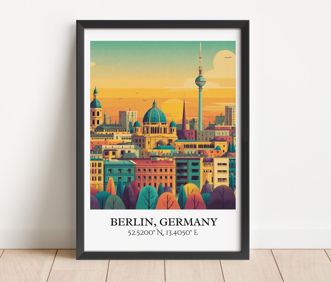 Berlin Germany TV Tower Cathedral Dome Sunset Retro Travel Art Poster - Image 2