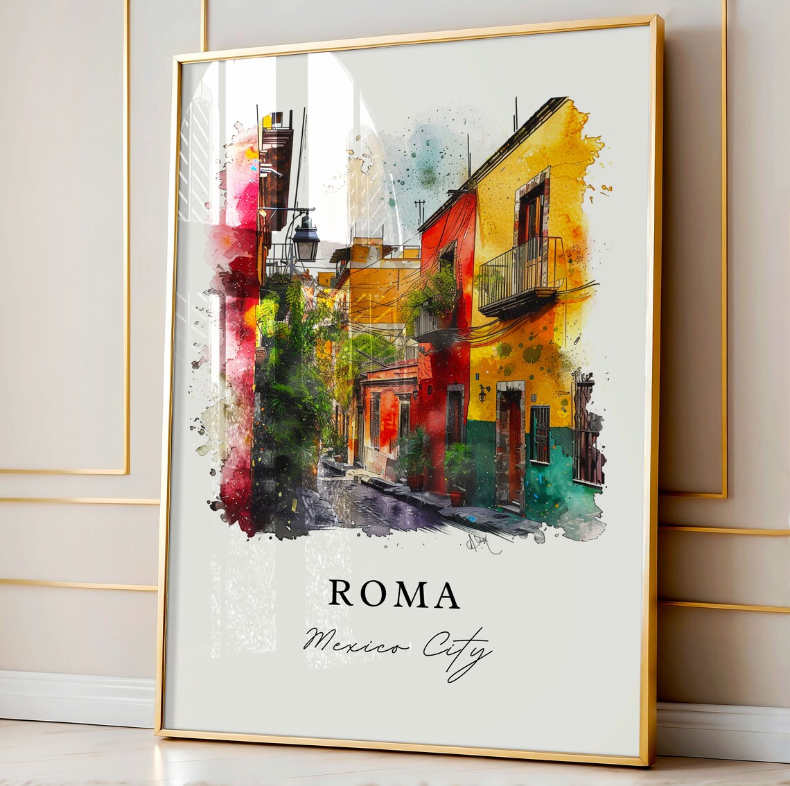 Roma Mexico City Cobblestone Colonial Street Watercolor Poster - Image 4
