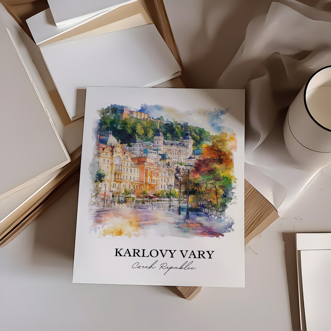 Karlovy Vary Czech Republic Watercolor Spa Town Scene Travel Poster - Image 3