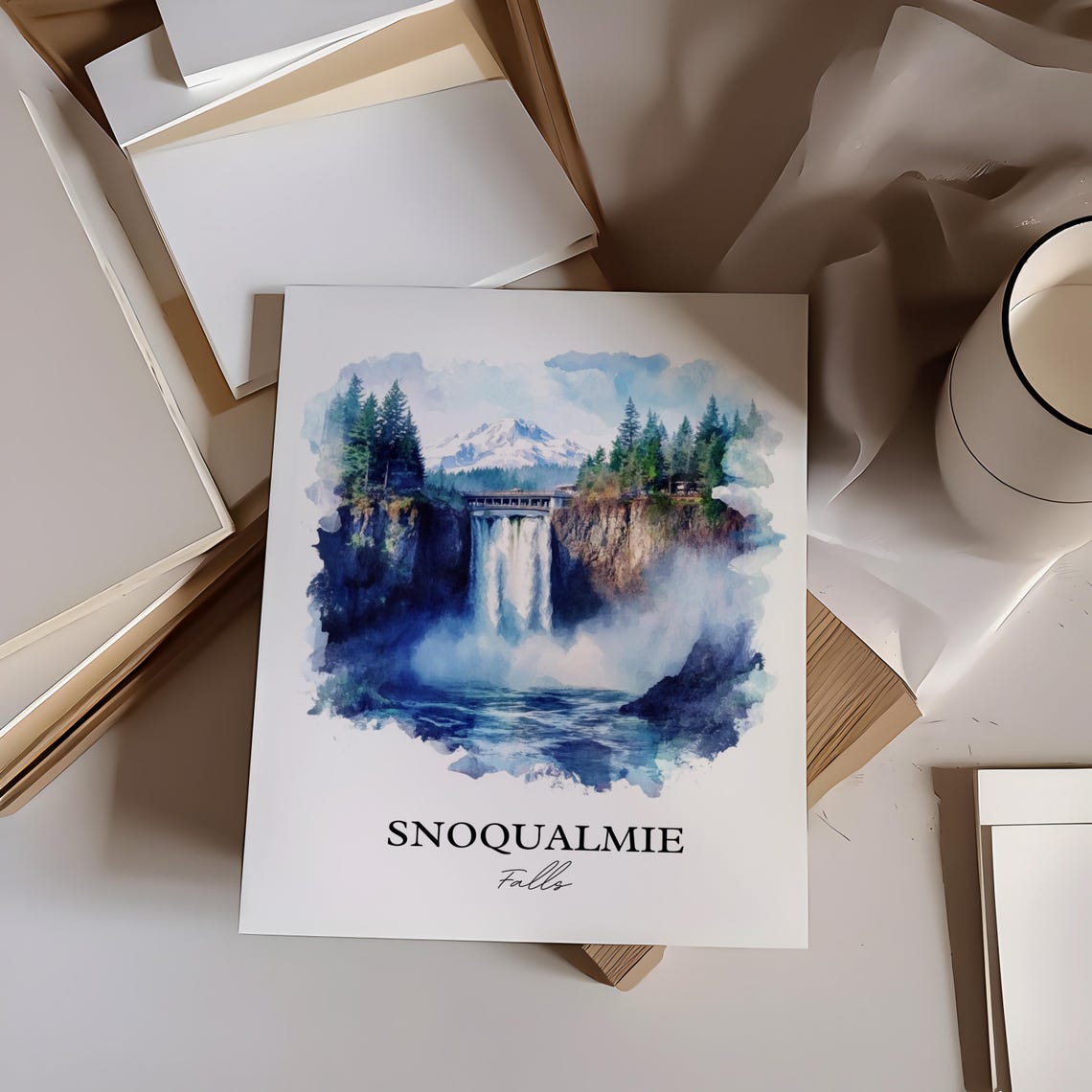 Snoqualmie Falls Watercolor Travel Poster, Washington St - Image 3