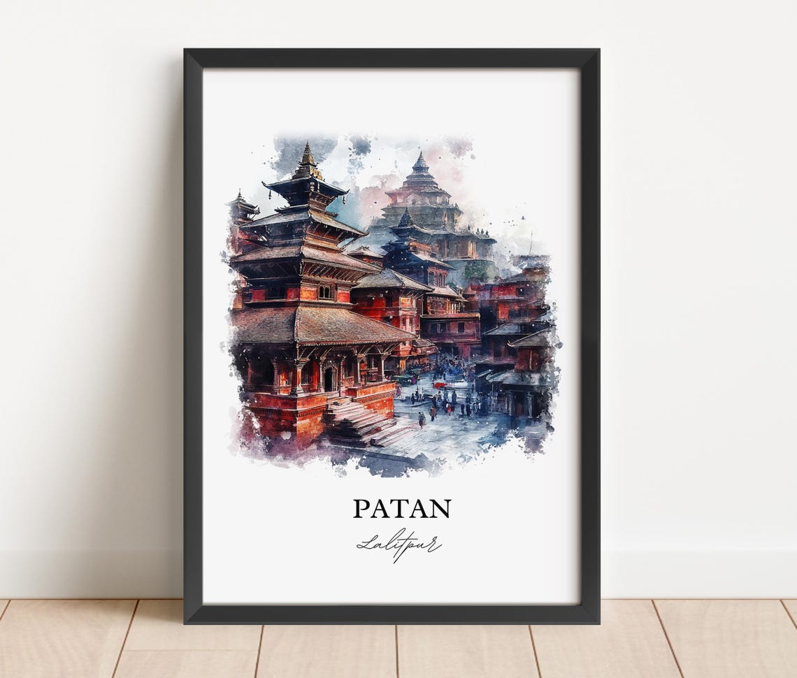 Patan Lalitpur Nepal Watercolor Pagoda Temples Travel Poster - Image 4
