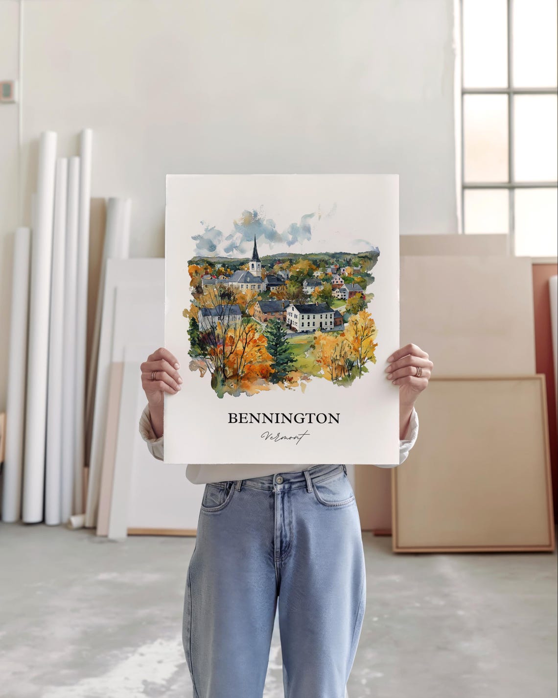 Bennington Vermont Fall Foliage New England Town Watercolor Art Poster - Image 5