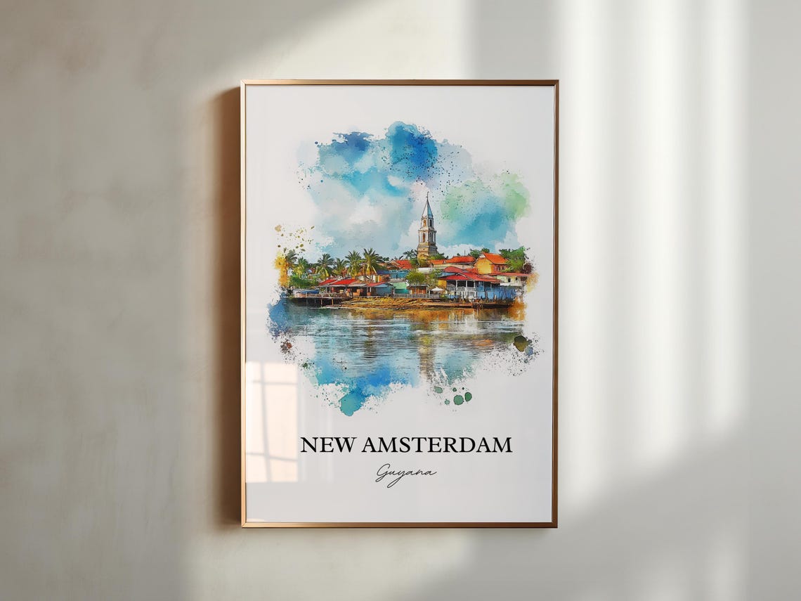 New Amsterdam Guyana Watercolor Waterfront Town Church Poster - Image 6