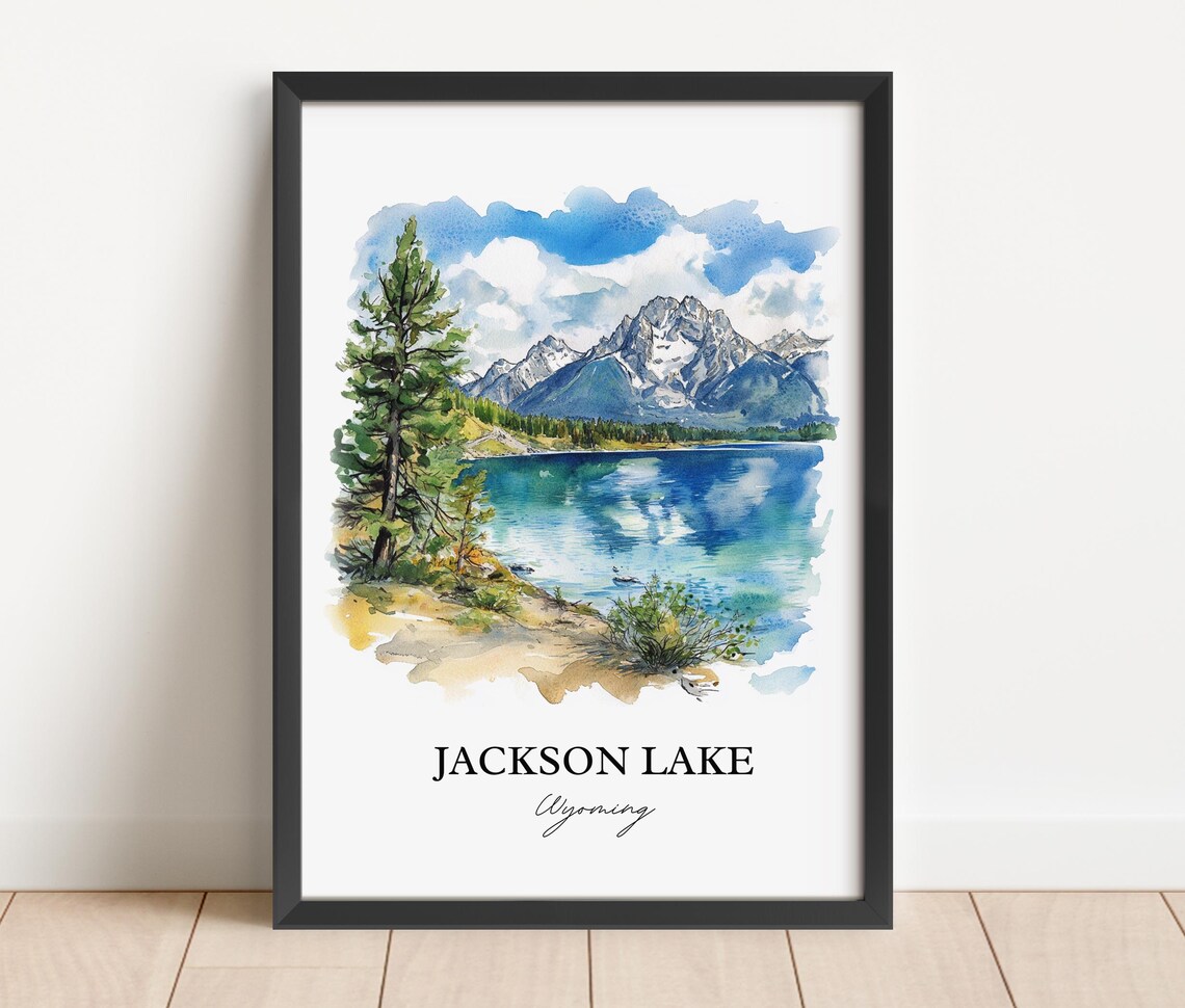 Jackson Lake Wyoming Mountain Lake Pine Trees Watercolor Poster - Image 5
