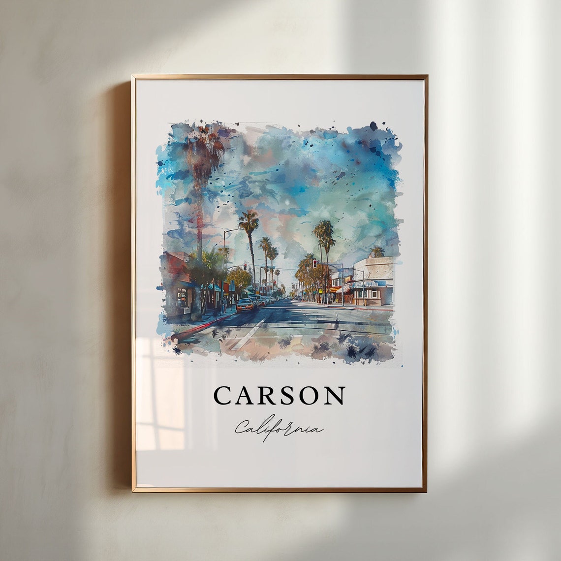 Carson California Palm Lined Street Watercolor Print Home Decor