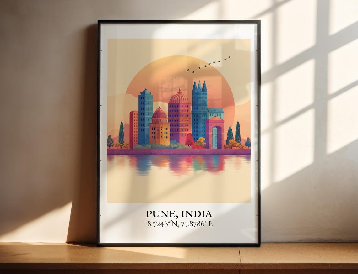 Pune India Sunset Skyline Water Reflection Colorful Travel Poster