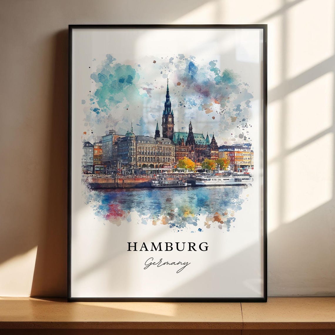 Hamburg Germany Watercolor Harbor Skyline Church Spire Poster