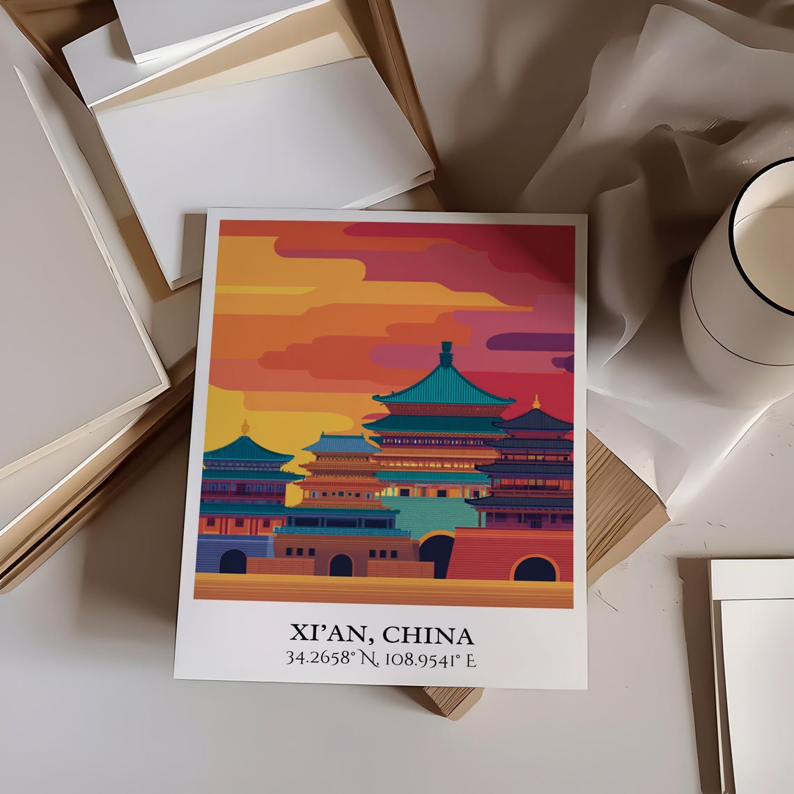 Xi An China Colorful Temple Sunset Skyline Coordinates Travel Poster - Image 4