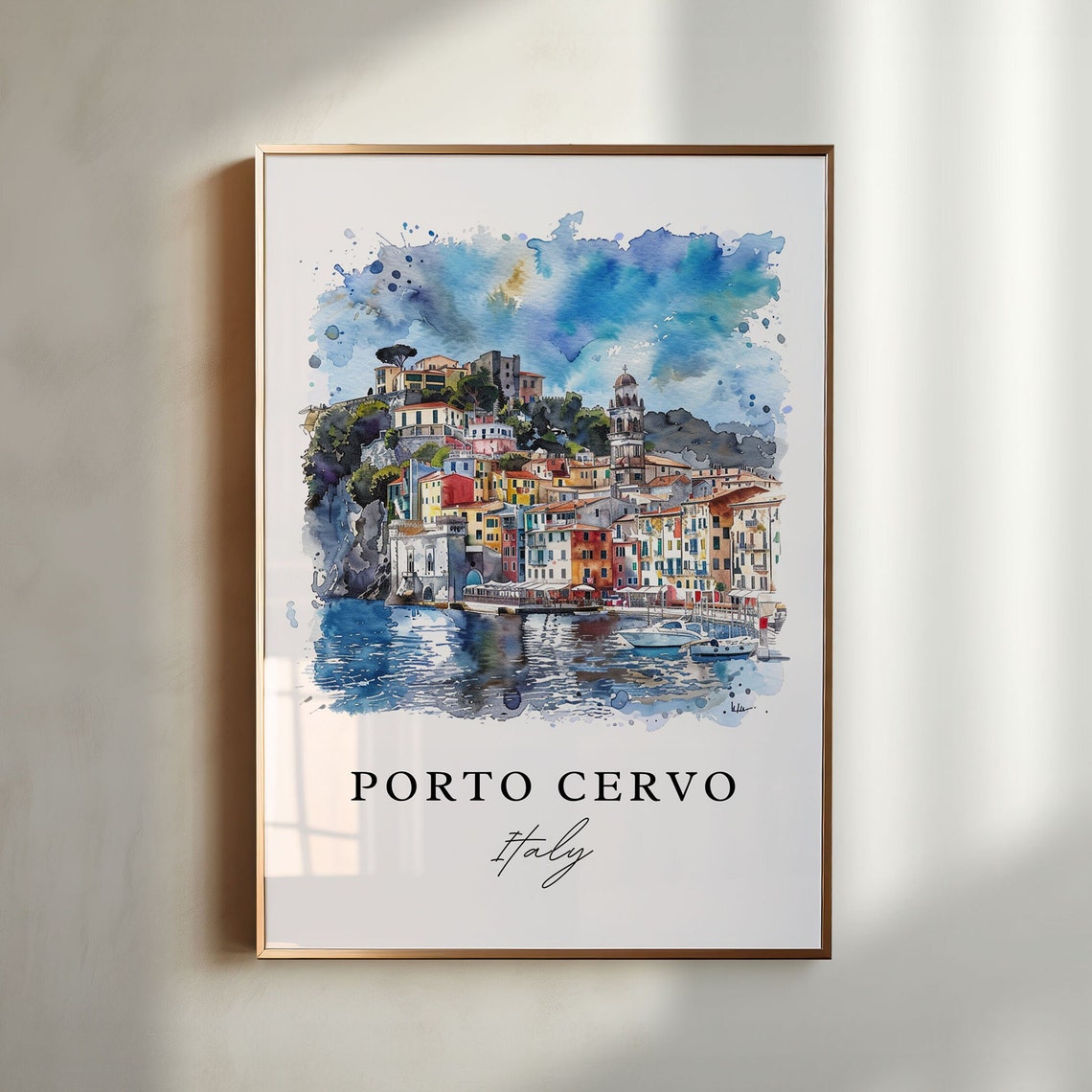 Porto Cervo Italy Coastal Town Watercolor Minimalist Travel Poster