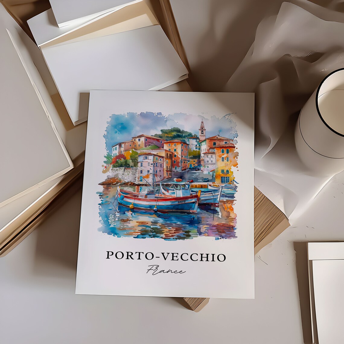 Porto Vecchio Corsica France Harbor Boats Watercolor Village Poster - Image 6
