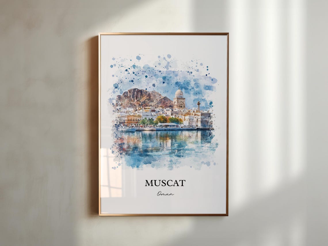 Muscat Oman Watercolor Harbor Cityscape Arabia Travel Poster - Image 4