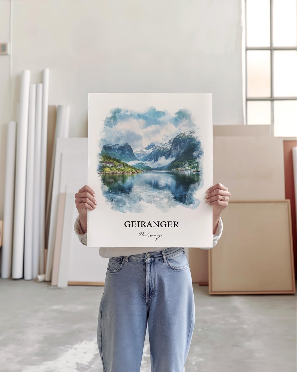Geiranger Norway Watercolor Fjord Mountains Lake View Poster - Image 3