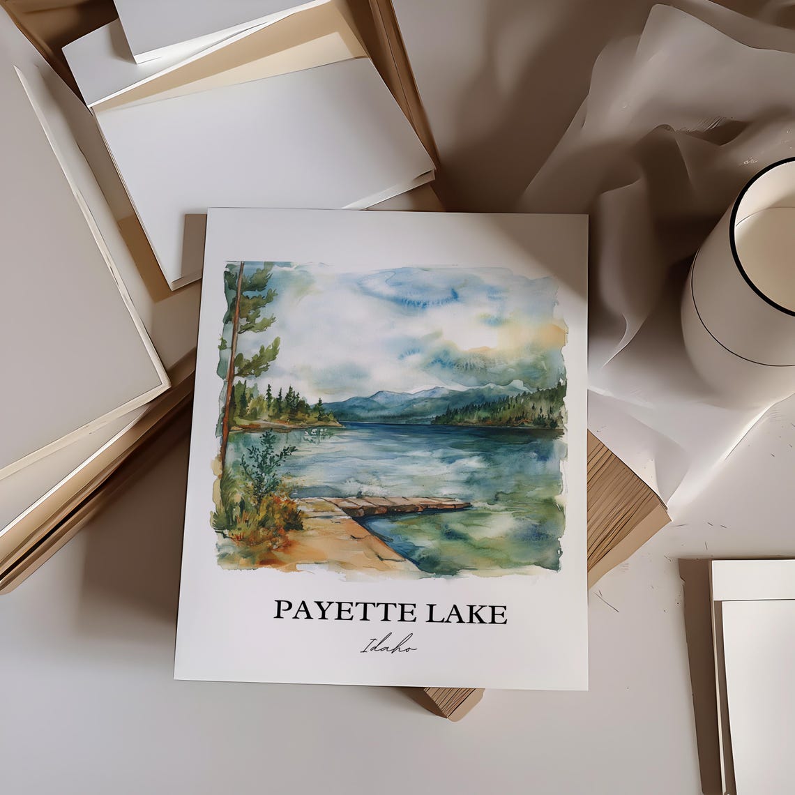 Payette Lake Idaho Watercolor Lake Dock Pine Scene Art Poster - Image 4