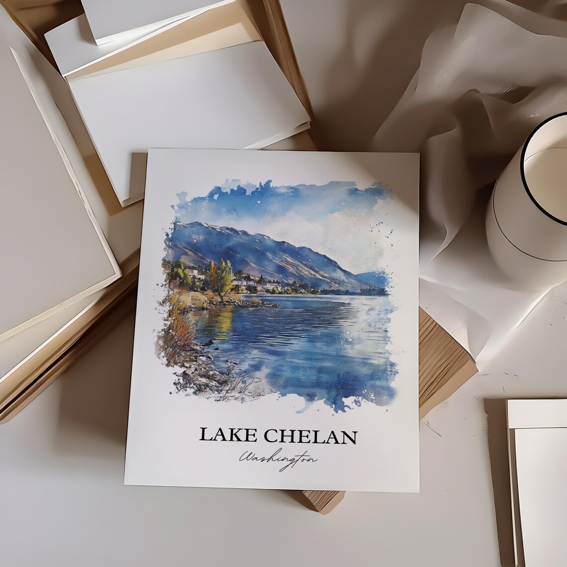 Lake Chelan Washington Watercolor Blue Lake Mountain Scene Poster - Image 6