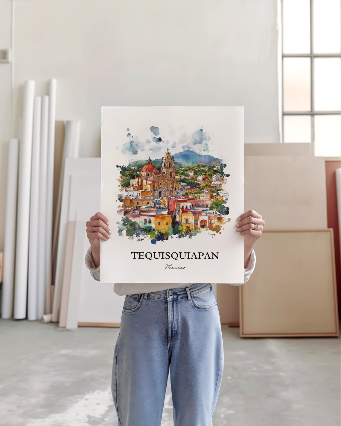 Tequisquiapan Mexico Watercolor Church Red Domes Town View Poster - Image 4