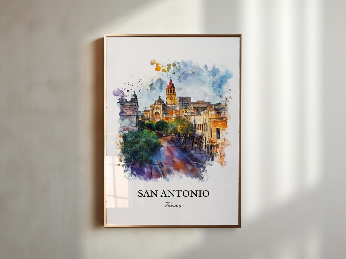 San Antonio Texas Historic Cathedral Street Watercolor Travel Poster - Image 5