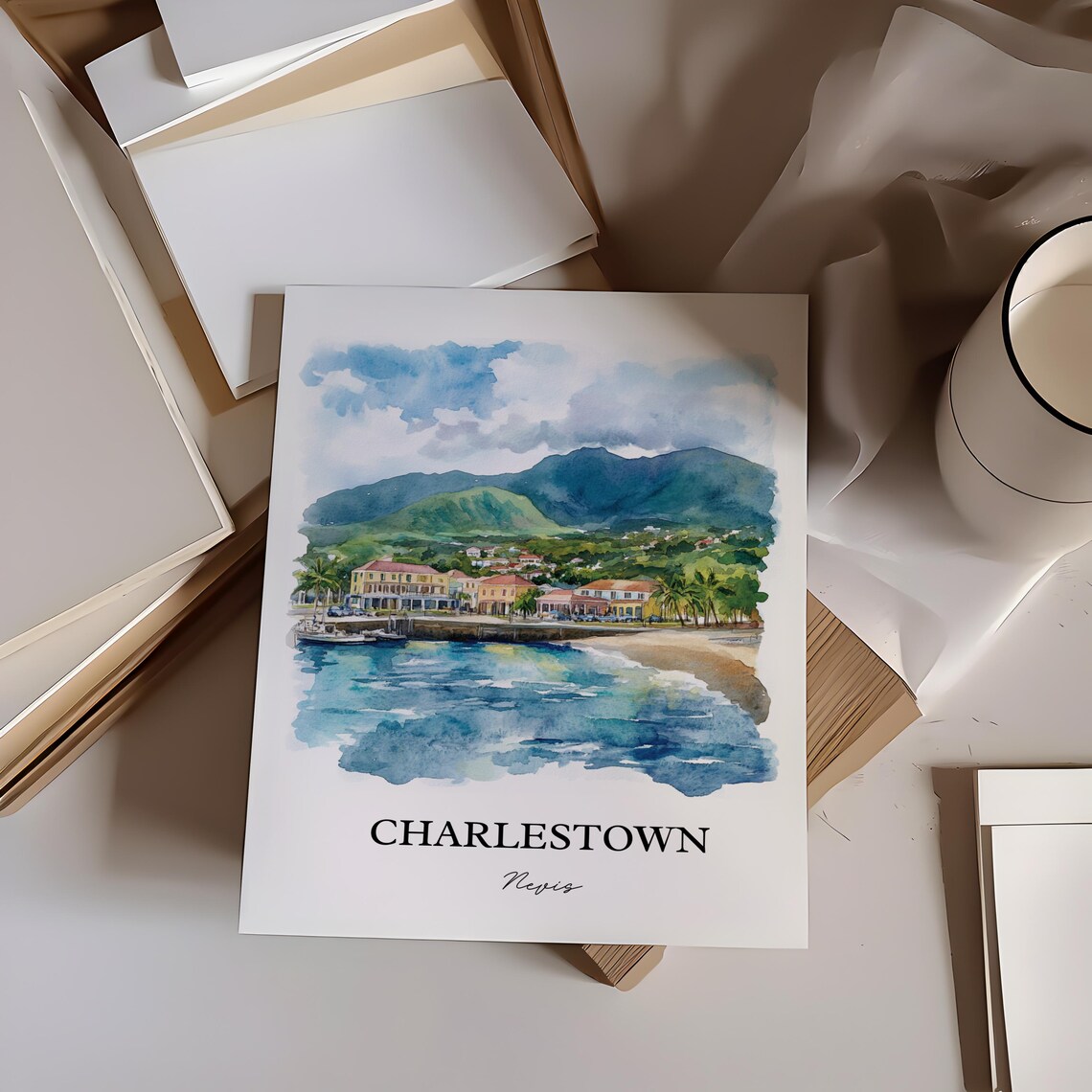 Charlestown Nevis Island Caribbean Harbor Watercolor Travel Poster - Image 3