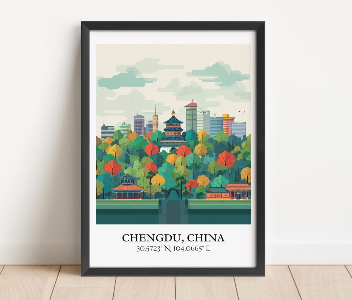 Chengdu China Temple Park Autumn Trees Skyline Travel Poster - Image 2