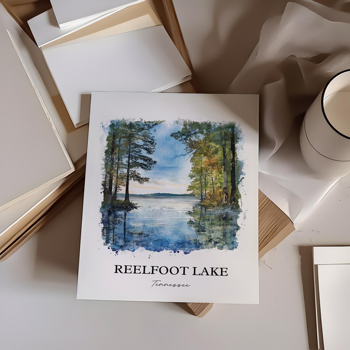 Reelfoot Lake Tennessee Cypress Trees Calm Water Watercolor Poster - Image 3