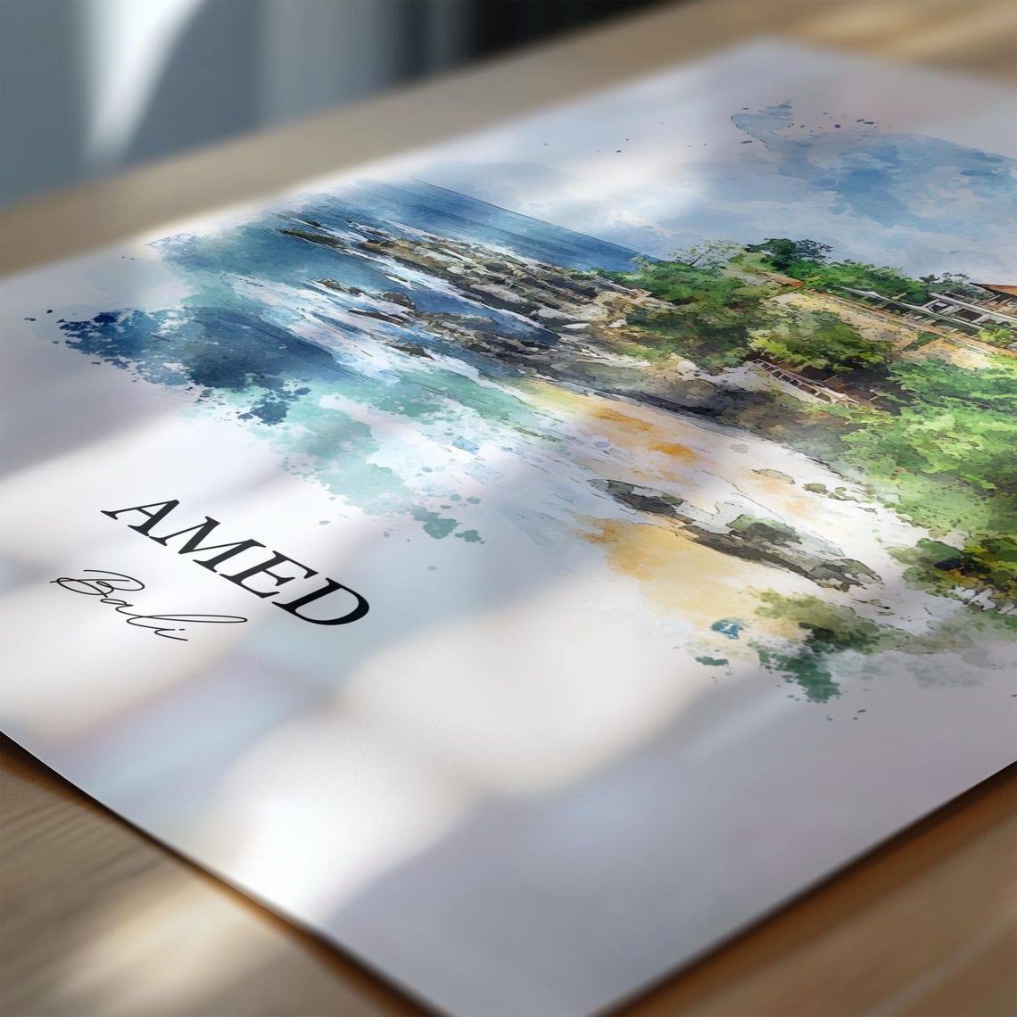 Amed Bali Watercolor Rocky Cove Cliffside Hills Ocean Poster - Image 7