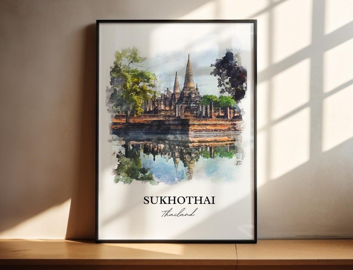 Sukhothai Thailand Watercolor Ancient Temple Reflection Art Poster