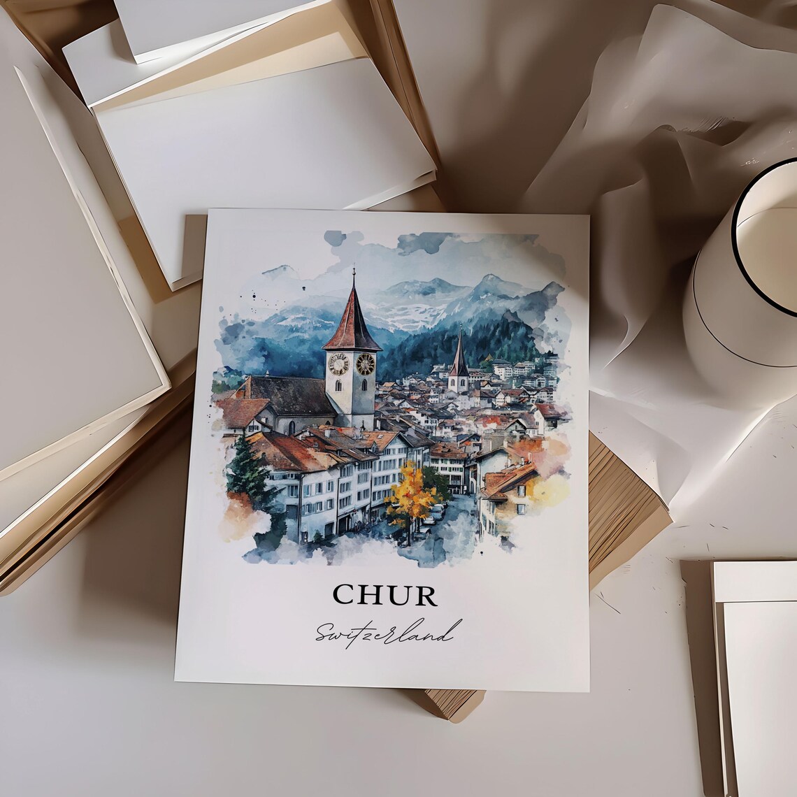 Chur Switzerland Watercolor Travel Poster, Graubnden - Image 3