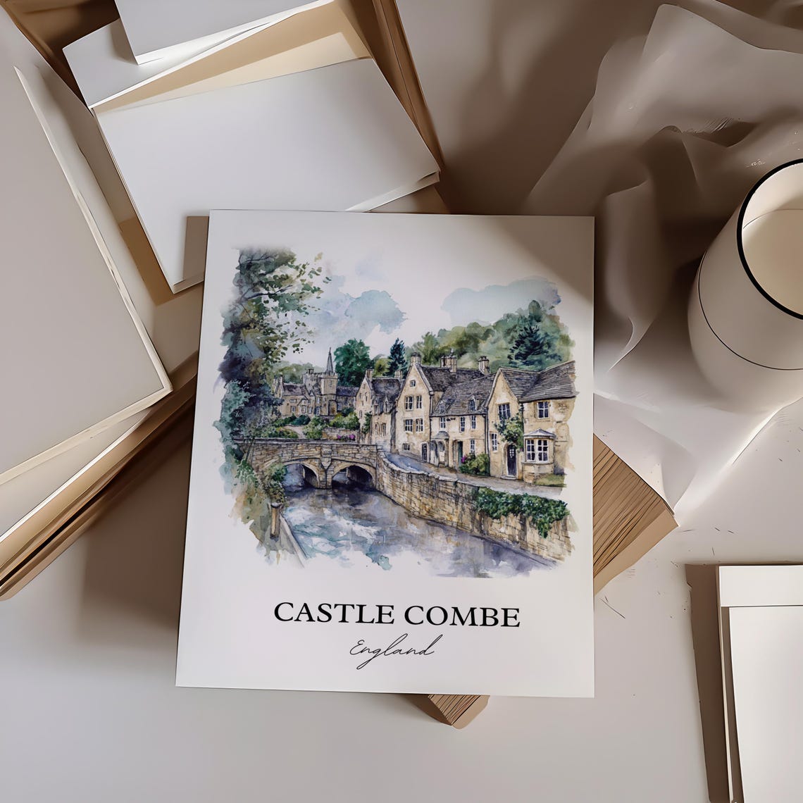 Castle Combe England Cotswold Village Bridge Watercolor Travel Poster - Image 3