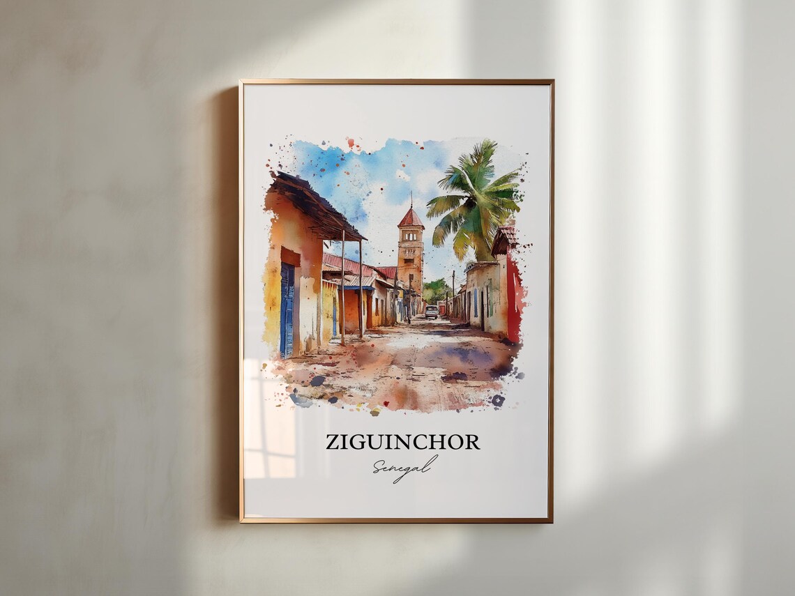 Ziguinchor Senegal Colonial Street Watercolor Travel Art Poster - Image 6