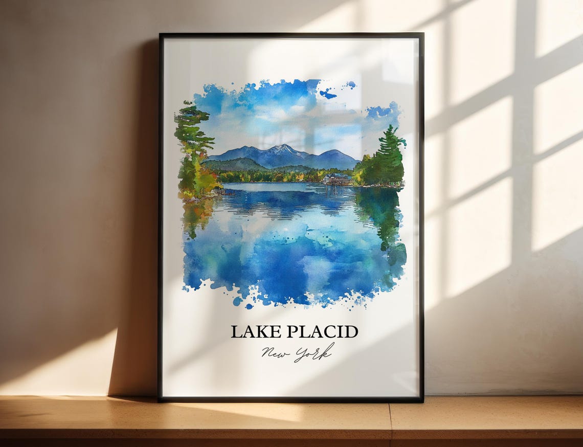 Lake Placid New York Mountain Lake Watercolor Travel Gift Poster