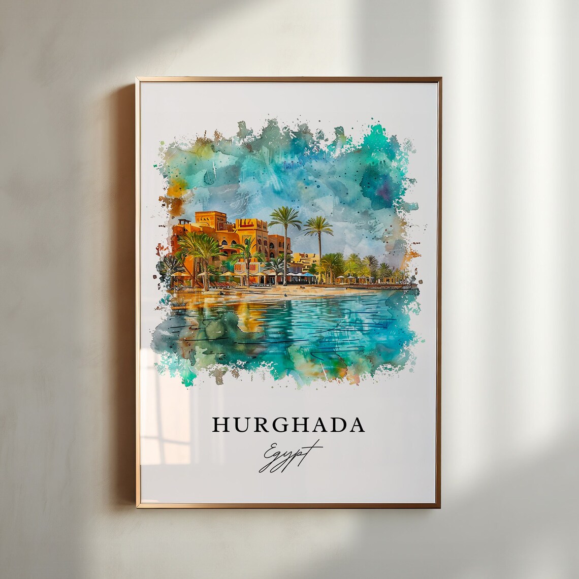 Hurghada Egypt Red Sea Resort Palms Watercolor Beach Travel Poster