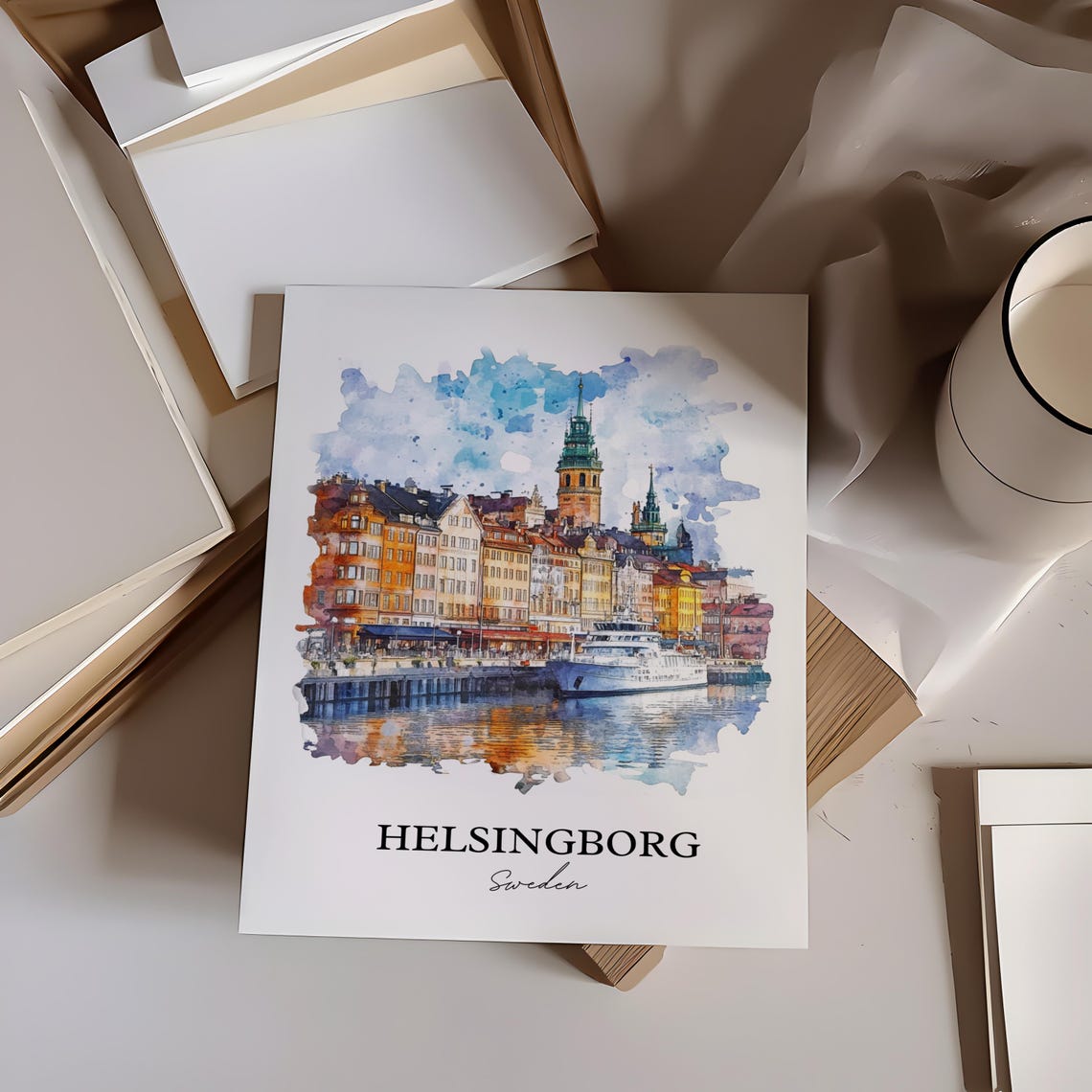 Helsingborg Sweden Waterfront Ship Watercolor Minimalist Travel Poster - Image 4