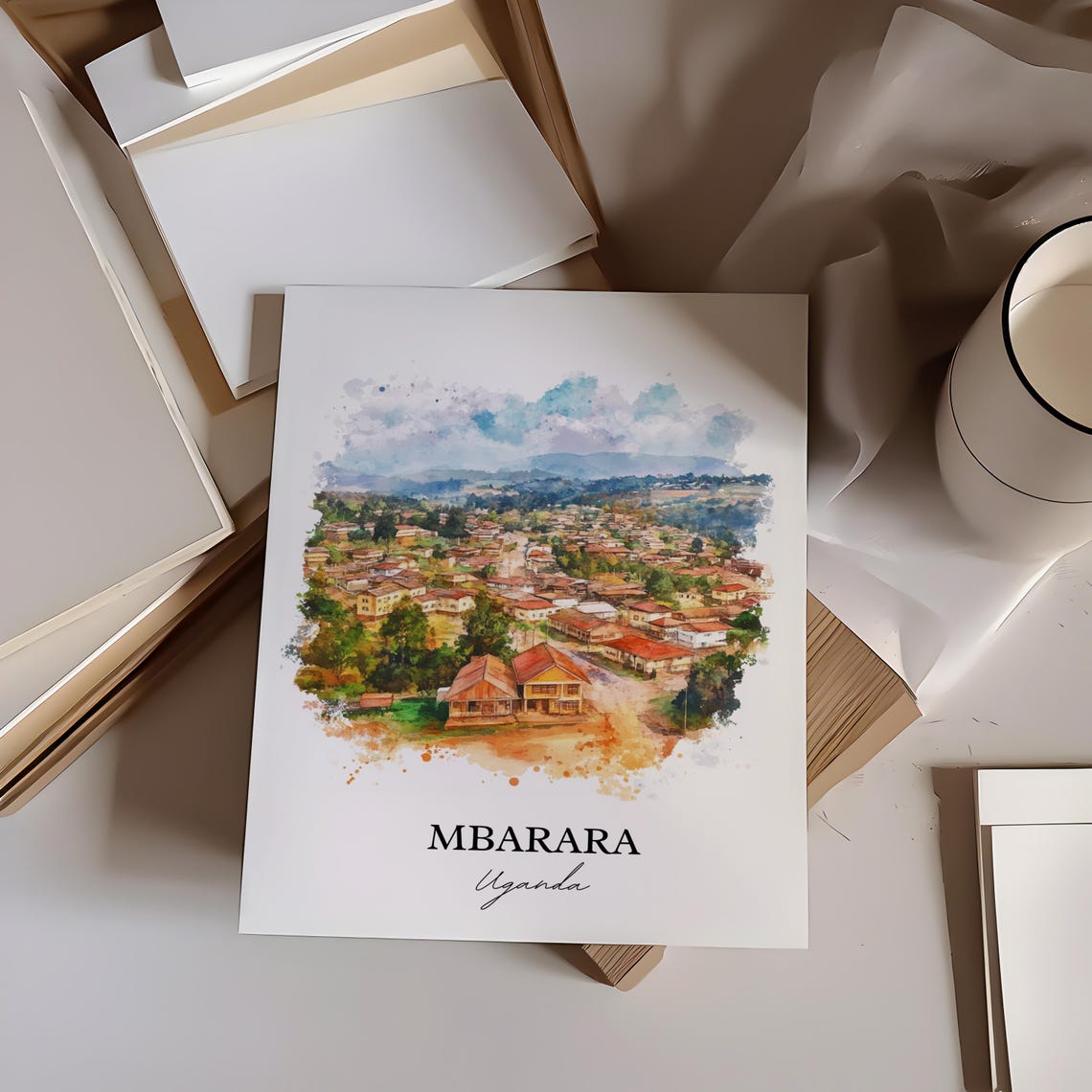 Mbarara Uganda Hilltop Town Aerial Watercolor Travel Art Poster - Image 4