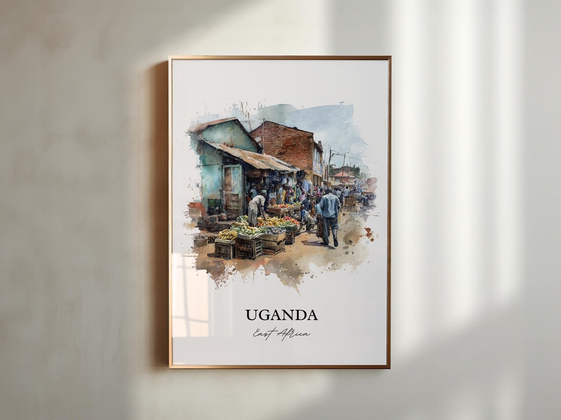 Uganda East Africa Market Vendors Street Watercolor Travel Poster - Image 5
