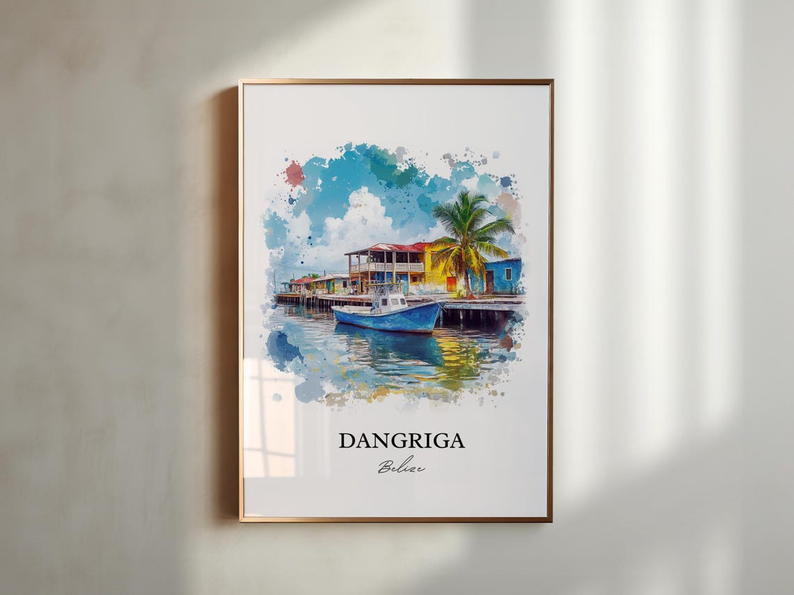 Dangriga Belize Harbor Boat Watercolor Tropical Coast Scene Poster - Image 4