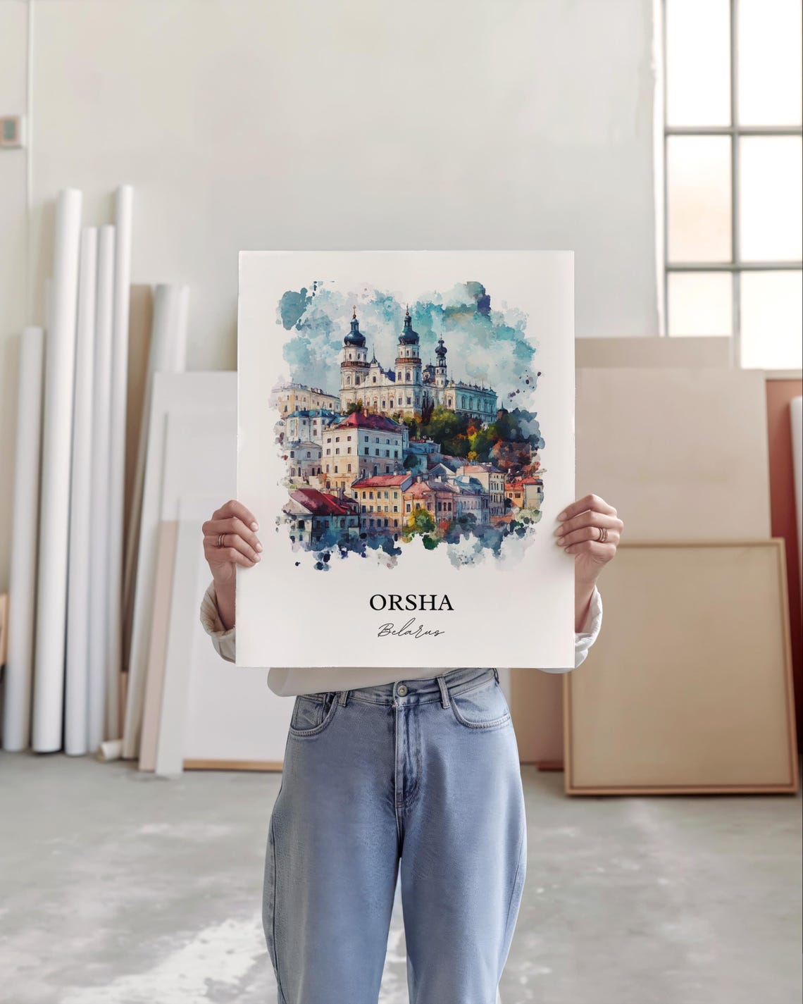 Orsha Belarus Hilltop Church Towers Old Town Watercolor Travel Poster - Image 4