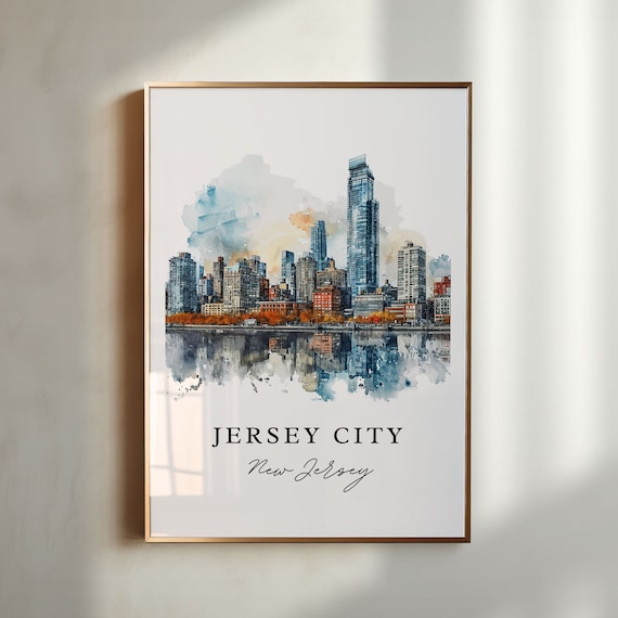 Jersey City New Jersey Skyline Waterfront Watercolor City Poster