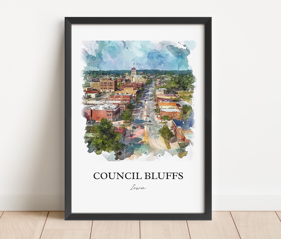 Council Bluffs Watercolor Travel Poster, Iowa
