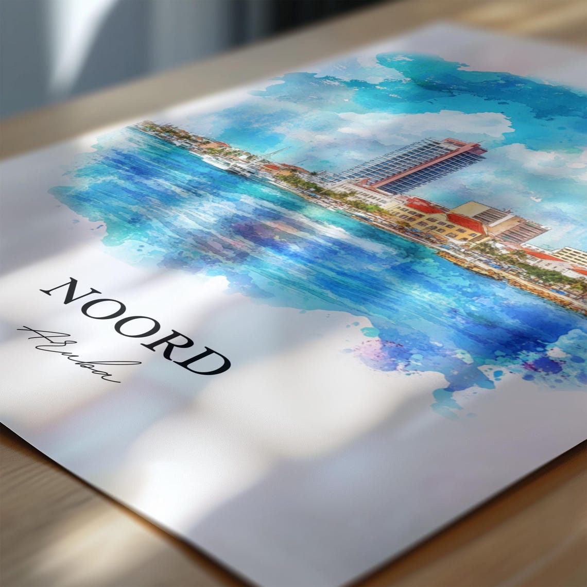 Noord Aruba Watercolor Coastal City Skyline Sea View Art Poster - Image 6