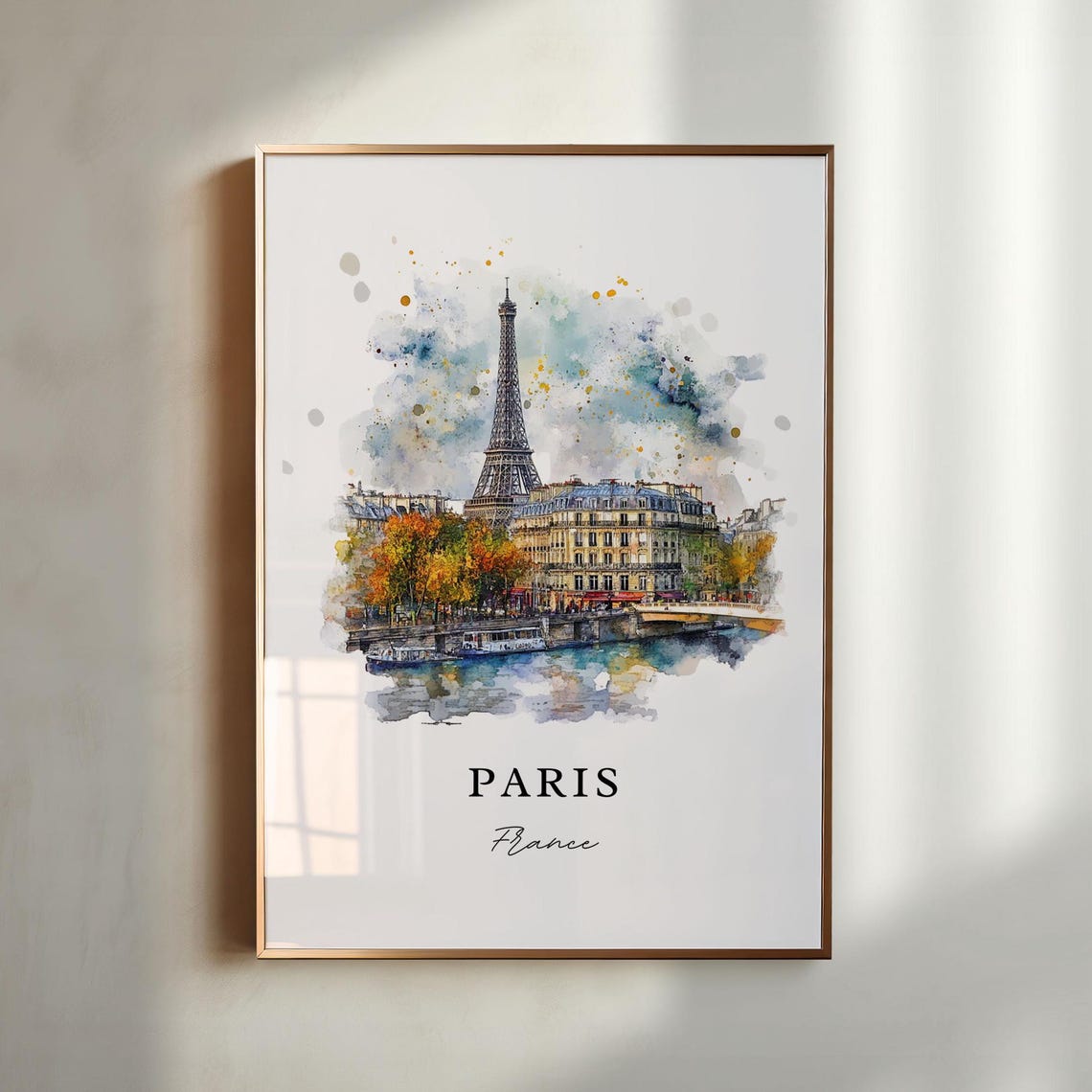 Paris France Watercolor Eiffel Tower Seine River Cityscape Poster