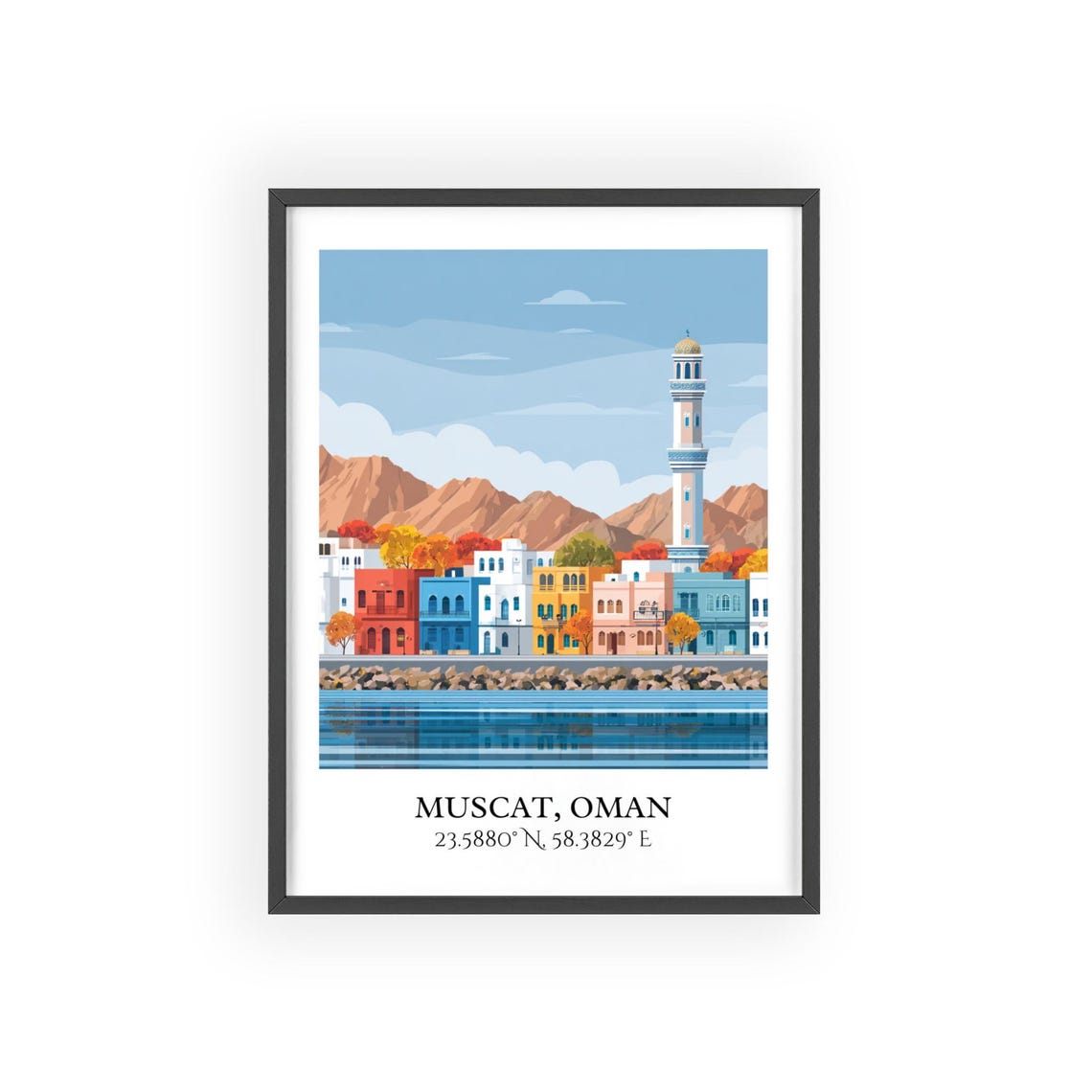 Muscat Oman Waterfront Corniche Minaret Mountain Travel Poster - Image 2