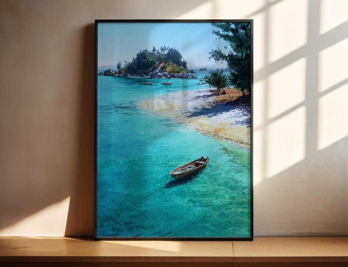 Tropical Island Beach Watercolor Turquoise Lagoon Boat Wall Art