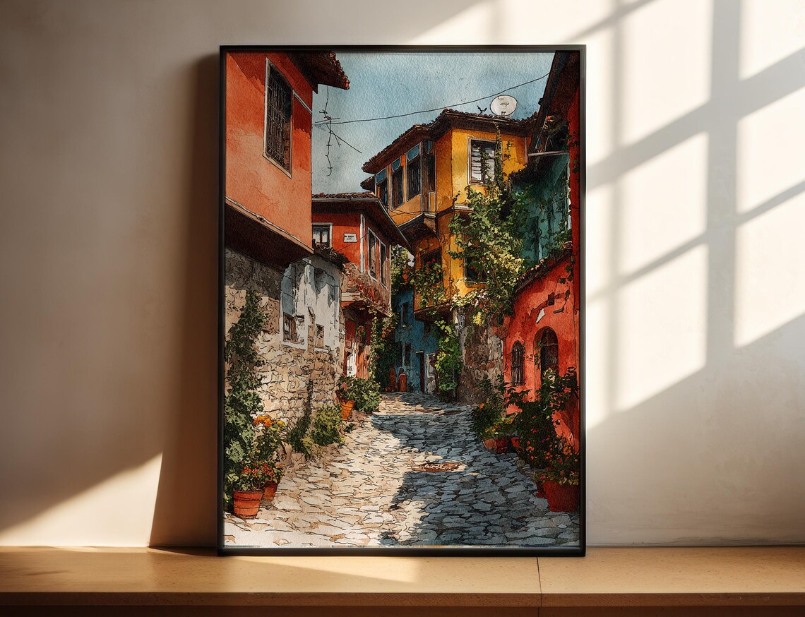 Plovdiv Bulgaria Old Town Colorful Houses Watercolor Art Poster
