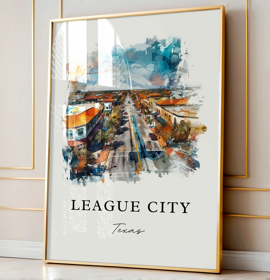 League City Texas Watercolor Aerial Main Street View Scene Poster - Image 3