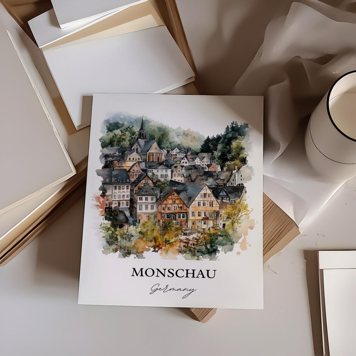 Monschau Germany Watercolor Half Timbered Village Church Hill Poster - Image 2