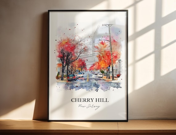Cherry Hill New Jersey Watercolor Autumn Street Red Foliage Travel Poster