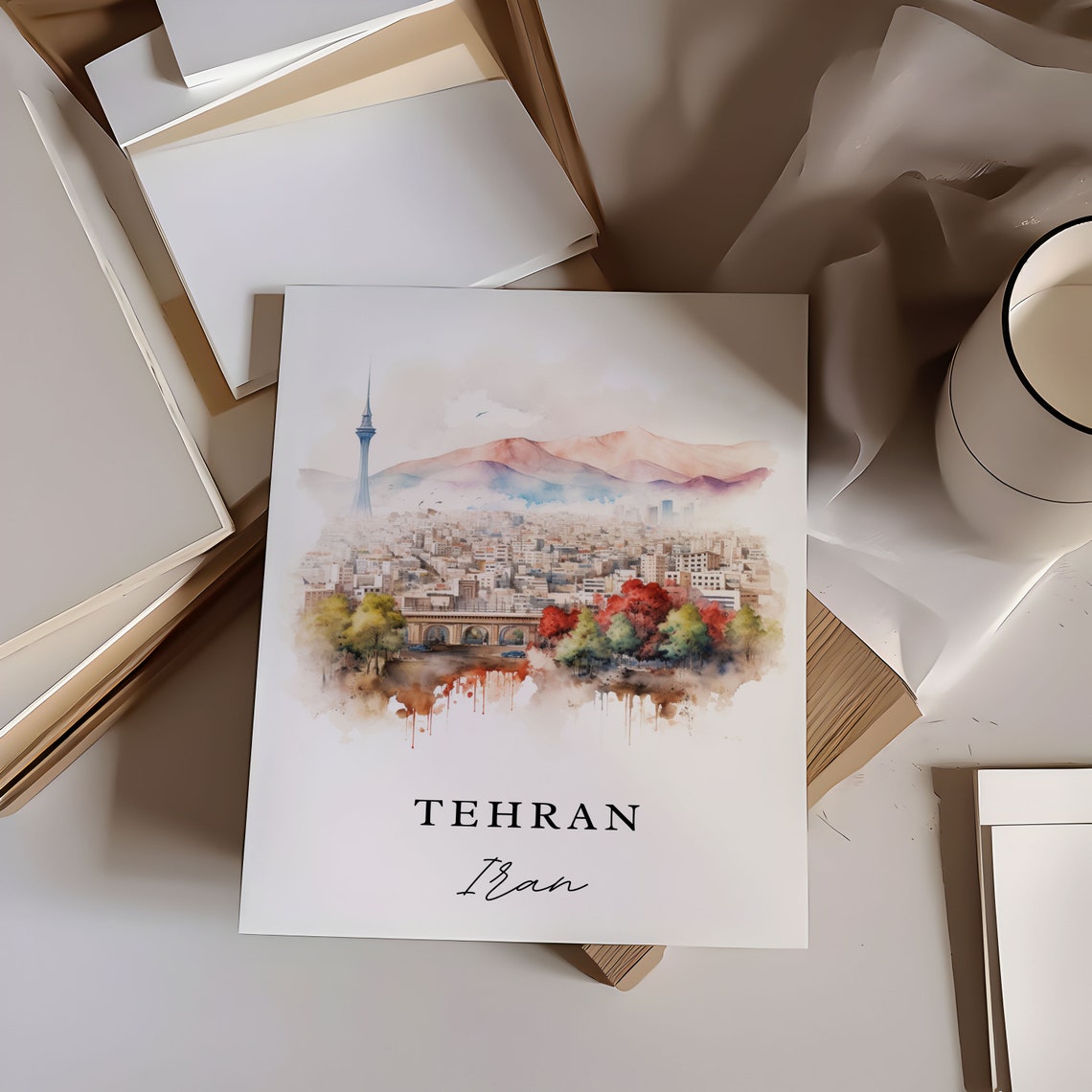 Tehran Iran Watercolor Skyline Milad Tower Mountain City Poster - Image 6